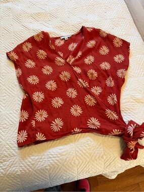 Madewell Red Floral Wrap Crop Top with Cream Daisies